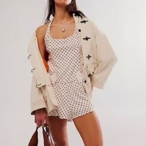 Free People High Strung Romper-Ivory/Burgundy Polka Dot NWOT